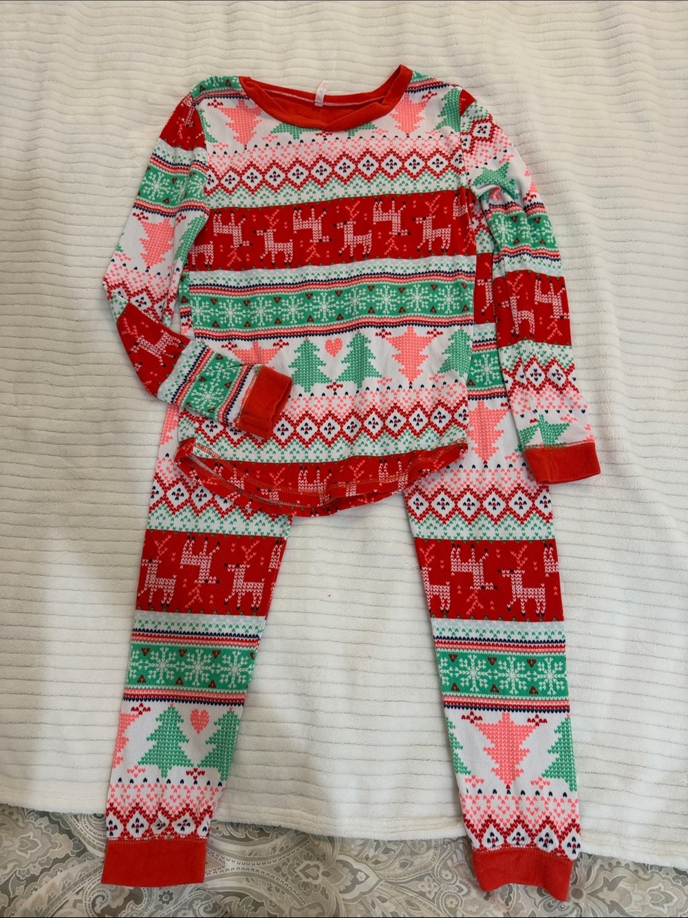 Girls Holiday Reindeer & Tree Pajama Set - Red, Green, Pink